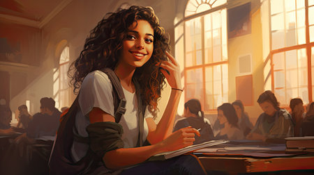 Teenage student female posing smiling in classroom. Generative AIの素材