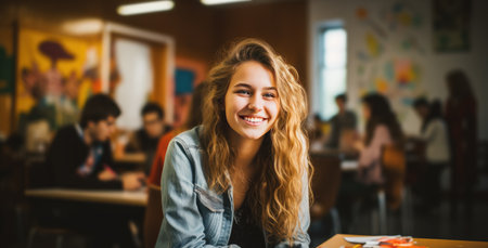 Teenage student female posing smiling in classroom. Generative AIの素材