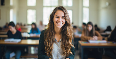 Teenage student female posing smiling in classroom. Generative AIの素材