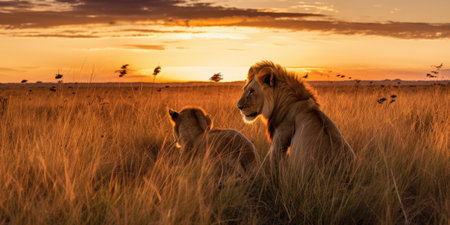 Wild lions in the African savannah at sunset. Generative AIの素材