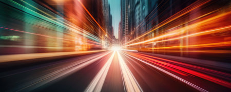 Long exposure of car lights at night on city streets. panoramic view. Generative AIの素材