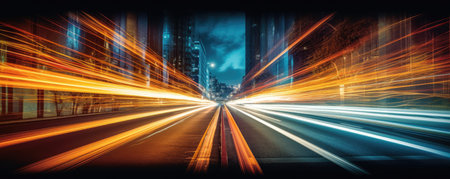 Long exposure of car lights at night on city streets. Generative AIの素材