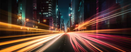 Long exposure of car lights at night on city streets. panoramic view. Generative AIの素材