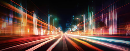 Long exposure of car lights at night on city streets. Generative AIの素材