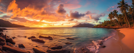 Panoramic view of a paradise beach at sunset. Generative AIの素材