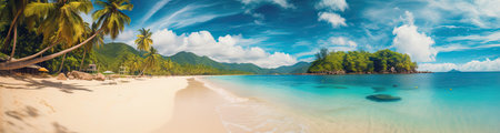 Panoramic view of a paradise beach with white sand, palm trees and crystal clear water. Generative AIの素材