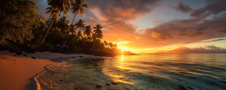 Panoramic view of a paradise beach at sunset. Generative AIの素材