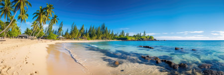 Panoramic view of a paradise beach with white sand, palm trees and crystal clear water. Generative AIの素材