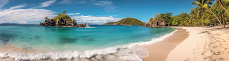 Panoramic view of a paradise beach with white sand, palm trees and crystal clear water. Generative AIの素材