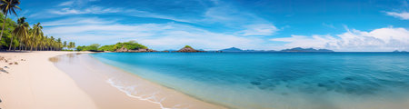 Panoramic view of a paradise beach with white sand, palm trees and crystal clear water. Generative AIの素材