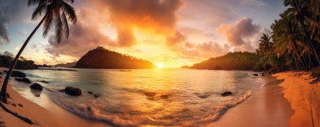 Panoramic view of a paradise beach at sunset. Generative AIの素材
