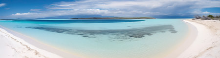 Panoramic view of a paradise beach with white sand, palm trees and crystal clear water. Generative AIの素材