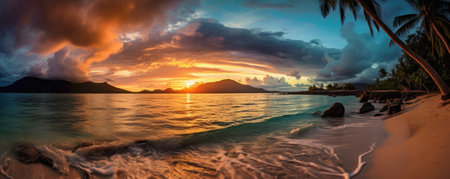 Panoramic view of a paradise beach at sunset. Generative AIの素材