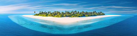 Panoramic view of a small island paradise with white sand, palm trees and crystal clear water. Generative AIの素材