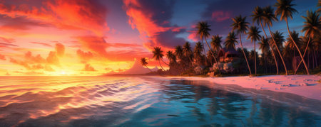 Panoramic view of a paradise beach at sunset. Generative AIの素材