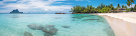 Panoramic view of a paradise beach with white sand, palm trees and crystal clear water. Generative AIの素材