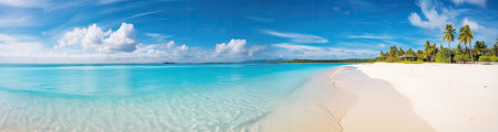 Panoramic view of a paradise beach with white sand, palm trees and crystal clear water. Generative AIの素材