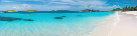 Panoramic view of a paradise beach with white sand, palm trees and crystal clear water. Generative AIの素材
