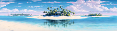 Panoramic view of a small island paradise with white sand, palm trees and crystal clear water. Generative AIの素材