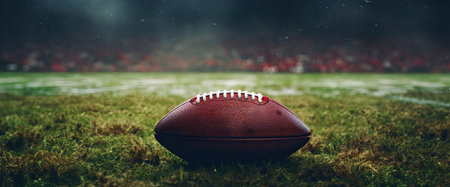American football ball on a stadium pitchの素材