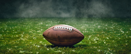 American football ball on a stadium pitchの素材