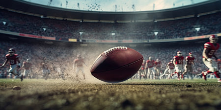 American football ball on a stadium pitchの素材