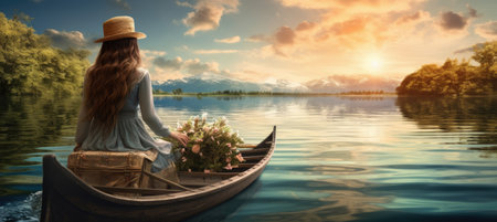 Back view of woman sitting in a canoe in the middle of a large calm natural lake.の素材