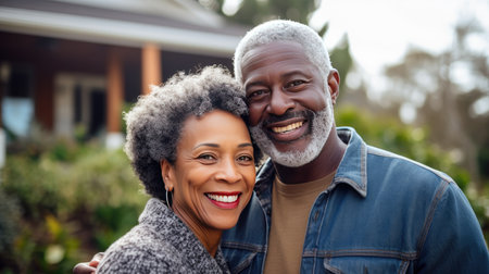 Portrait of a happy mature black couple in their home outdoors.の素材