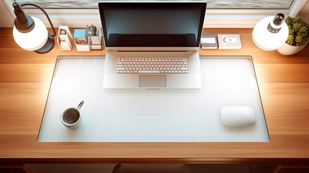 View of a minimalist office with a computer on the desktopの素材