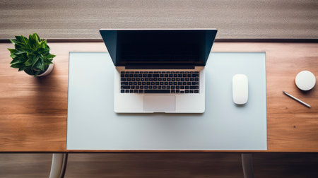 View of a minimalist office with a computer on the desktopの素材