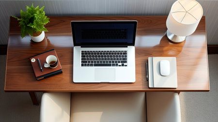View of a minimalist office with a computer on the desktopの素材