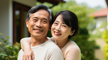 Portrait of a happy mature asian couple in their home outdoors.の素材