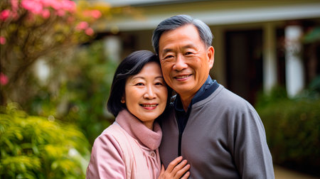 Portrait of a happy mature asian couple in their home outdoors.の素材