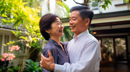 Portrait of a happy mature asian couple in their home outdoors.の素材