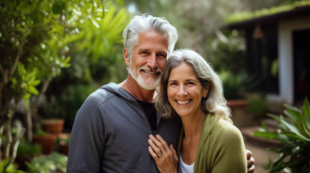 Portrait of a happy mature white couple in their home outdoors.の素材