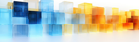 Panoramic texture background with random 3d cubic crystal boxes in bright blue and yellow colorsの素材