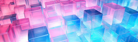Panoramic texture background with random 3d cubic crystal boxes in bright blue and red colorsの素材
