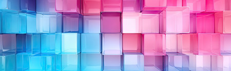 Panoramic texture background with random 3d cubic crystal boxes in bright blue and red colorsの素材