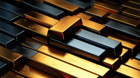 Random stacked shiny gold and black metal bars backgroundの素材
