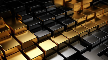 Random stacked shiny gold and black metal bars backgroundの素材