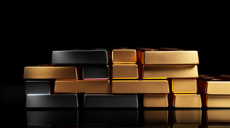 Random stacked shiny gold and black metal bars backgroundの素材