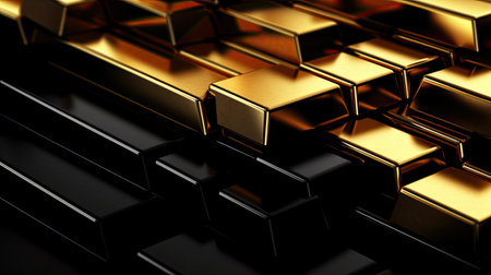 Random stacked shiny gold and black metal bars background templateの素材