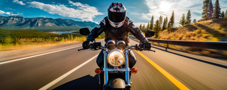 Motorcyclist speeding down the roadの素材