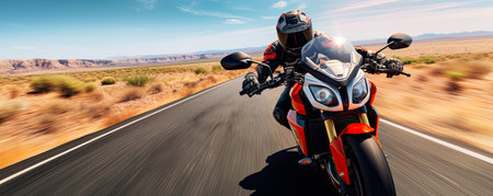 Motorcyclist speeding down the roadの素材