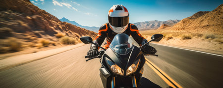 Motorcyclist speeding down the roadの素材