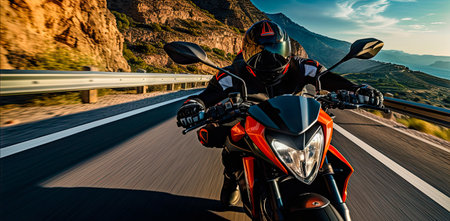 Motorcyclist speeding down the roadの素材