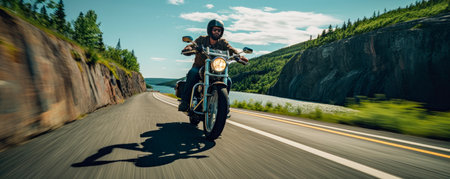 Motorcyclist speeding down the roadの素材