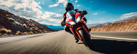 Motorcyclist speeding down the roadの素材