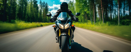 Motorcyclist speeding down the roadの素材