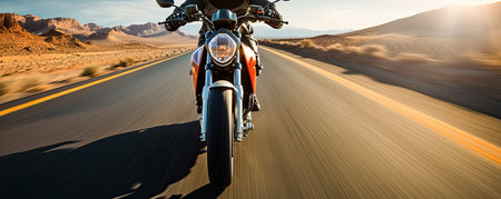 Motorcyclist speeding down the roadの素材